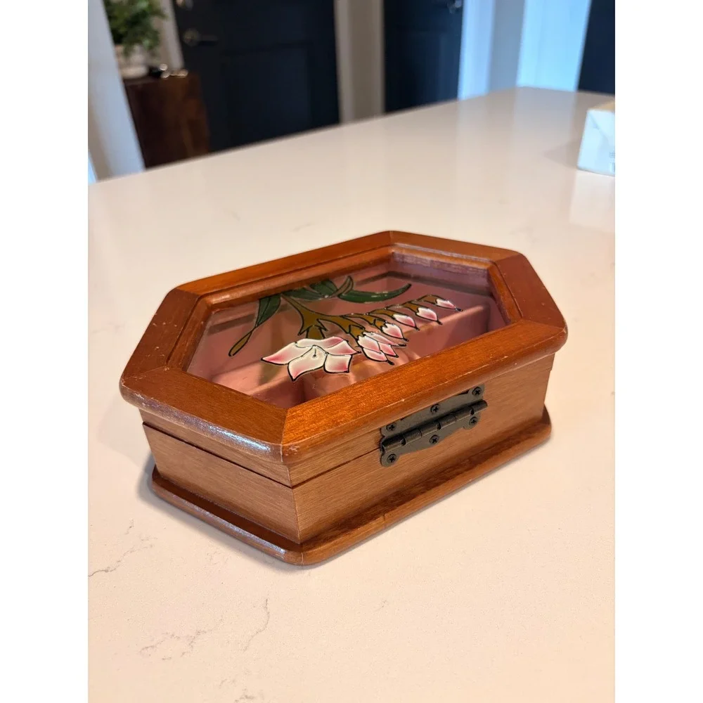 Vintage Mele Wood Jewelry Box Hexagon Stained Glass Flower Lid Pink Lining Boho